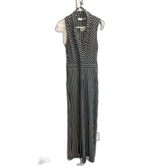 New York & Co. Striped Sleeveless Collared Jumpsuit Black White Small Chic Women - Picture 1 of 11